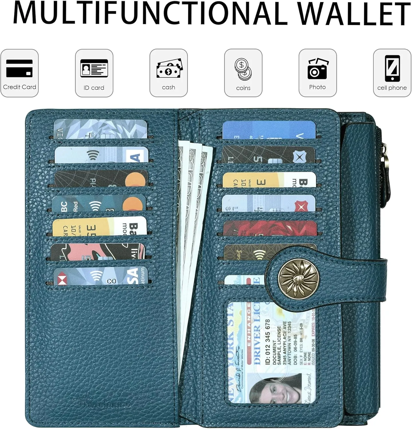 Travelambo Women's Wallet RFID Blocking Trifold Clutch Large Capacity Credit Card Holder Travel Purse