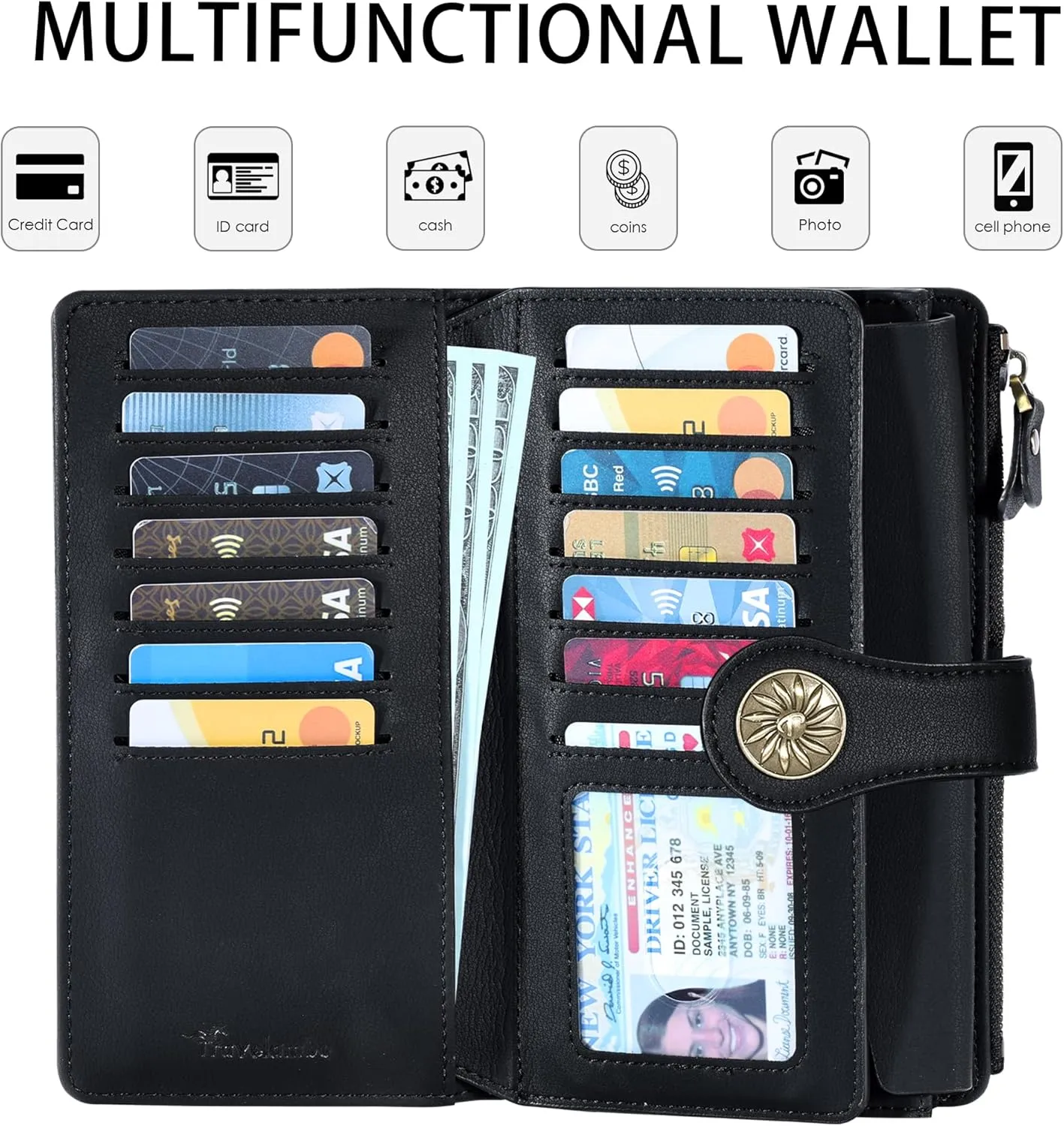Travelambo Women's Wallet RFID Blocking Trifold Clutch Large Capacity Credit Card Holder Travel Purse