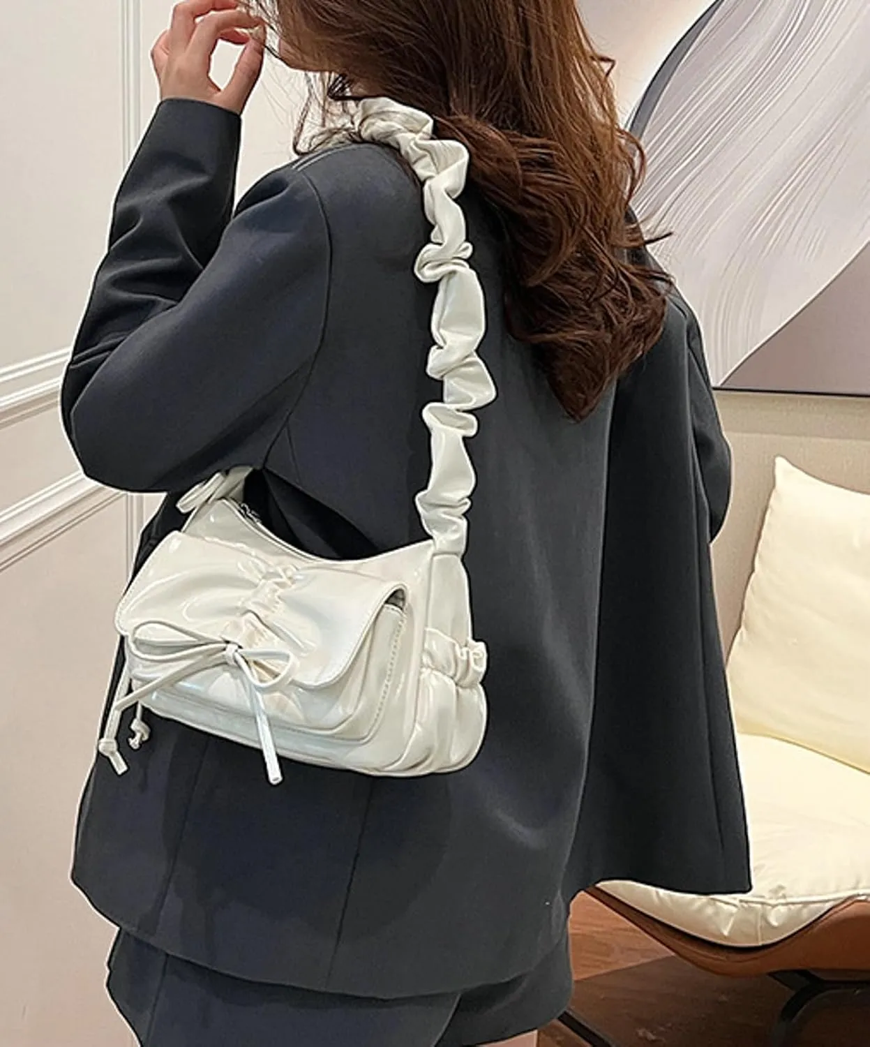 Trendy Folded Strap Crossbody Bag 2025 Bow Shoulder Tote Women Summer Commuter Handbag Drawstring Flap