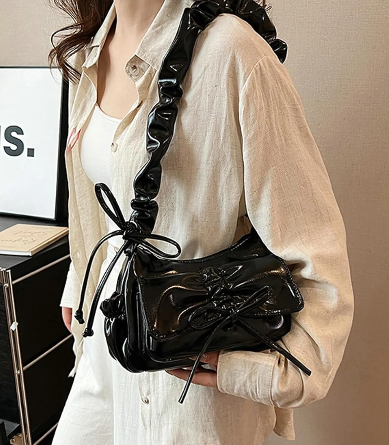 Trendy Folded Strap Crossbody Bag 2025 Bow Shoulder Tote Women Summer Commuter Handbag Drawstring Flap