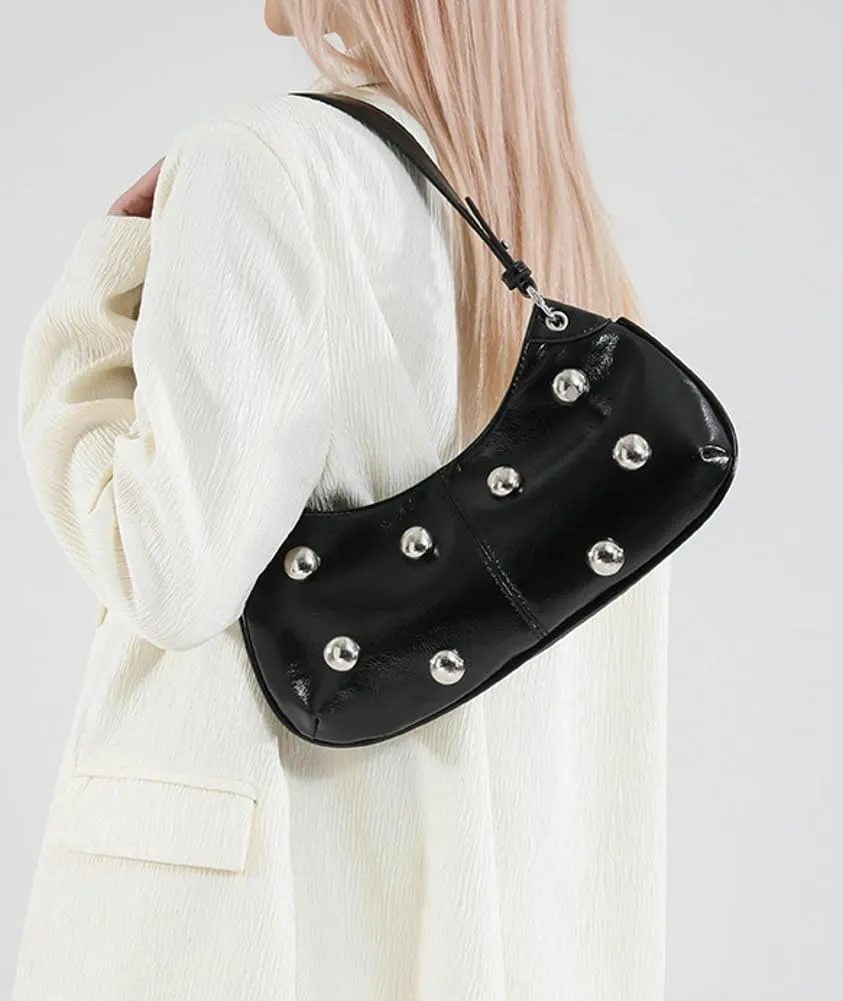 Trendy Studded Shoulder Bag For Women Vegan Leather Underarm Purse Y2K Womens Crescent Bag Designer Punk Purse with Rivets