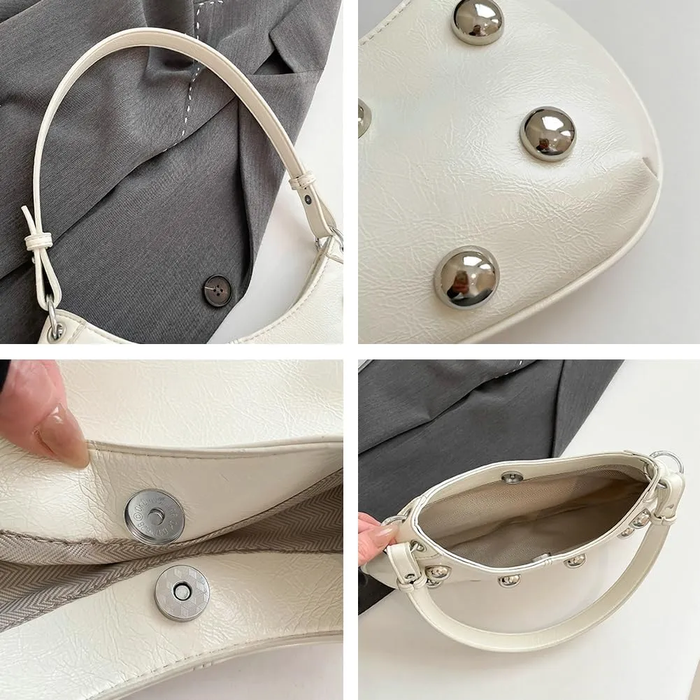 Trendy Studded Shoulder Bag For Women Vegan Leather Underarm Purse Y2K Womens Crescent Bag Designer Punk Purse with Rivets