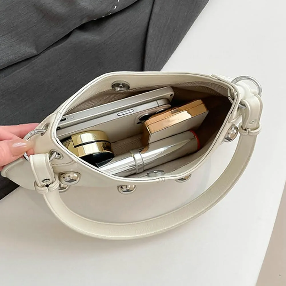 Trendy Studded Shoulder Bag For Women Vegan Leather Underarm Purse Y2K Womens Crescent Bag Designer Punk Purse with Rivets
