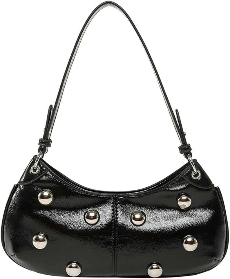 Trendy Studded Shoulder Bag For Women Vegan Leather Underarm Purse Y2K Womens Crescent Bag Designer Punk Purse with Rivets