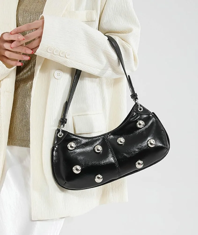 Trendy Studded Shoulder Bag For Women Vegan Leather Underarm Purse Y2K Womens Crescent Bag Designer Punk Purse with Rivets
