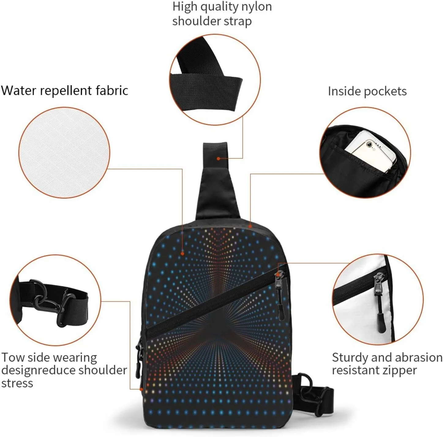 Triangular Polka Dots Tunnel Sling Bag for Men Women, Small Crossbody Sling Backpack Shoulder Chest Bag, Anti Theft Travel Hiking Sports