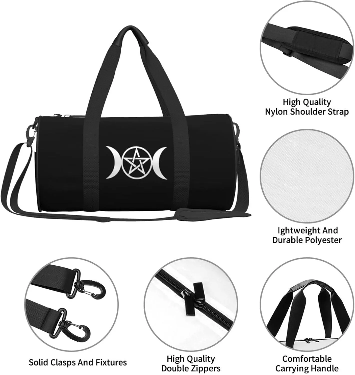 Triple Moon Pentacle Pagan Gym Bag Round Large Capacity Foldable Duffel Bag