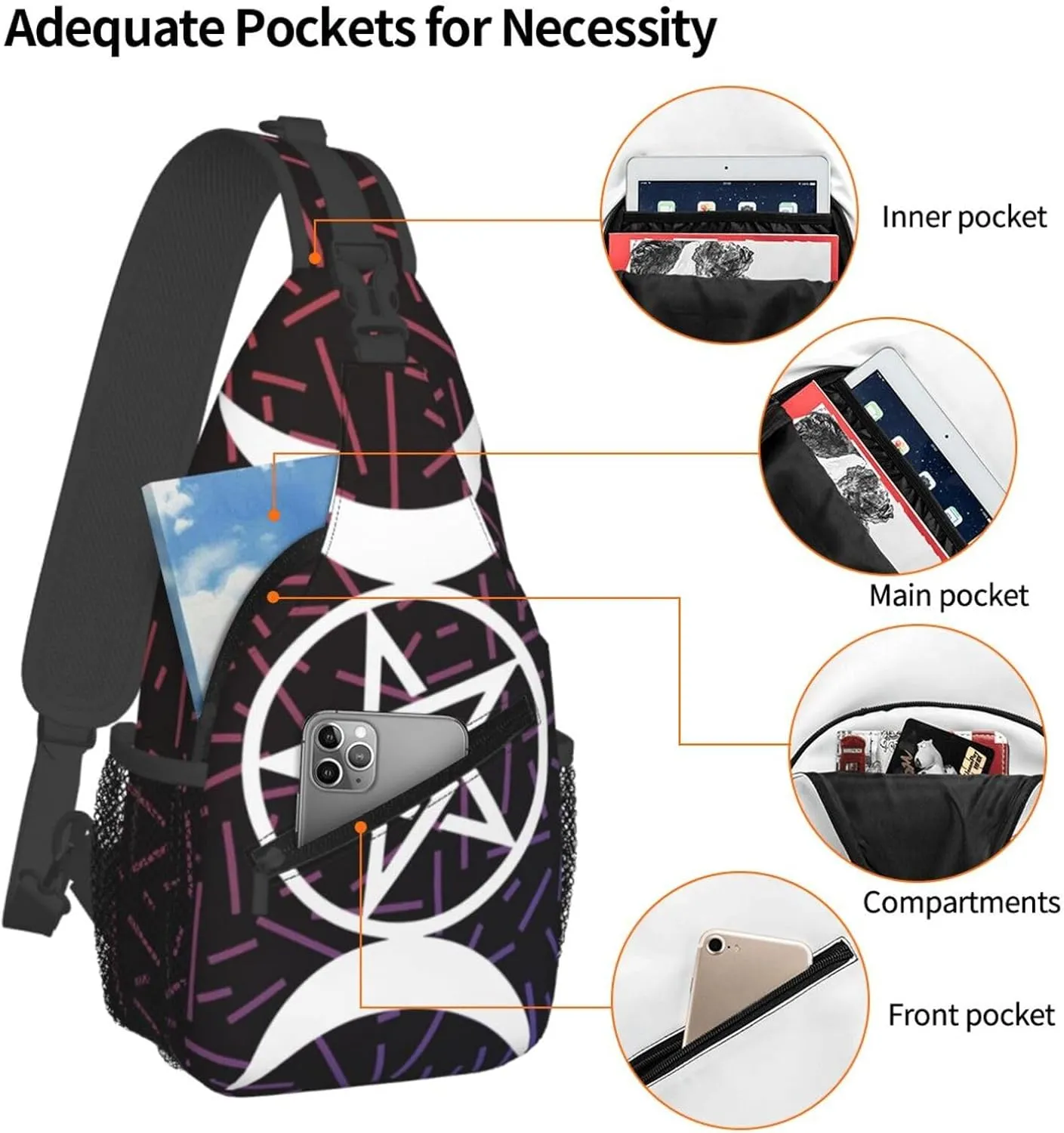 Triple Moon Pentacle Small Crossbody Backpack Sling Bag For Men Women Mini One Shoulder Chest Bags Gym Sport Travel Hiking Daypack