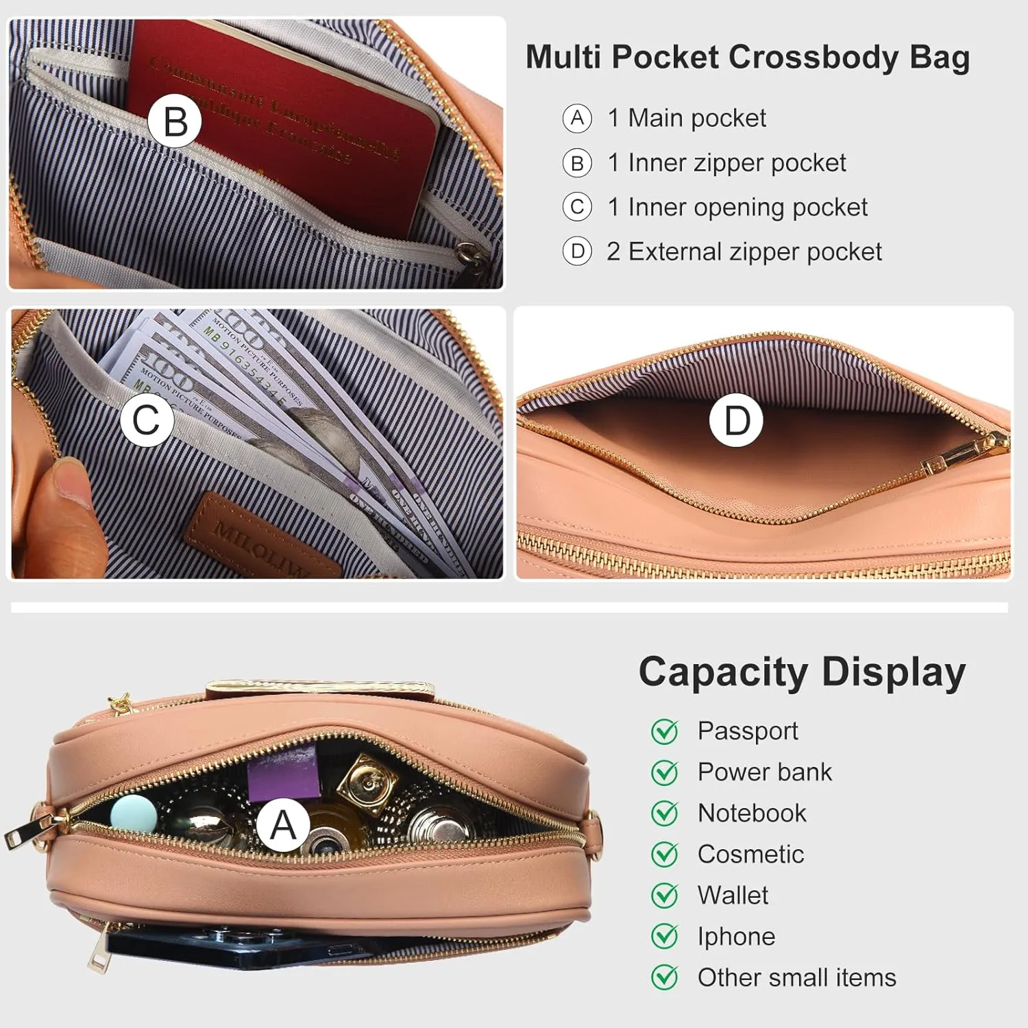 Triple Zip Small Crossbody Bag for women Pu Leather Purses Small Shoulder Handbag