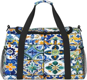 Troditional Spanish Tile Pattern Duffle Bag Travel Duffel Bags for Men Women Waterproof Gym Overnight Weekender Bag Carry on Tote Bag