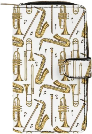 Trombone Music Instruments Womens Wallet Leather Card Holder Purse RFID Blocking Bifold Clutch Handbag with Zipper Pocket 19.7x11x3.5cm