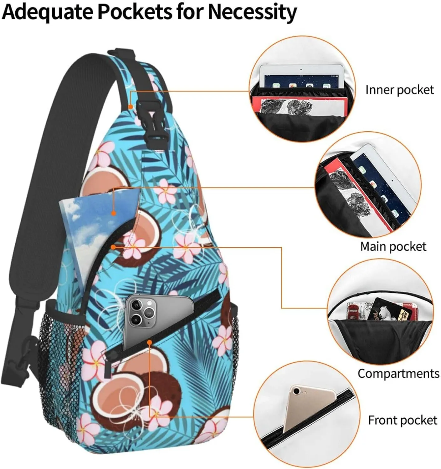 Tropical Hawaiian Flowers Sling Backpack, Multipurpose Crossbody Shoulder Bag Travel Hiking Daypack for Women Men