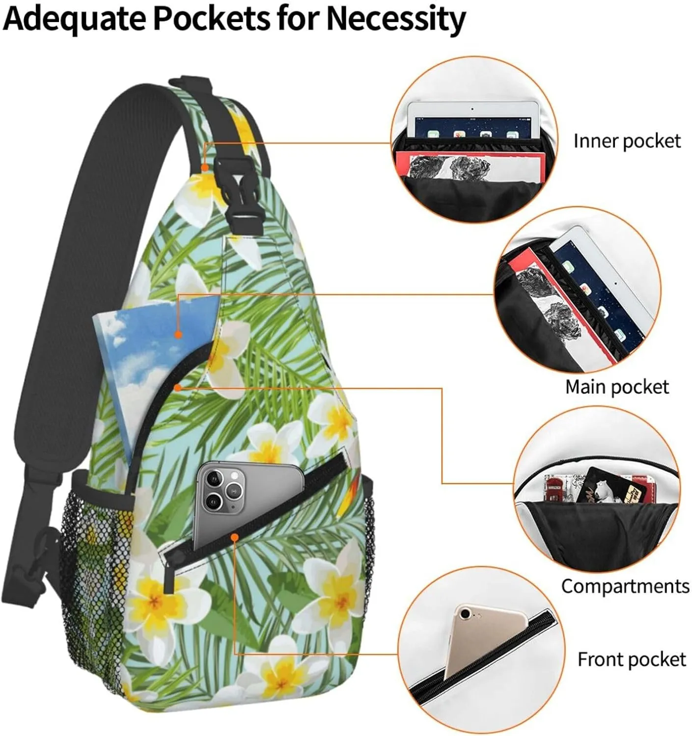 Tropical Hawaiian Flowers Sling Backpack, Multipurpose Crossbody Shoulder Bag Travel Hiking Daypack for Women Men