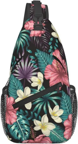 Tropical Hawaiian Flowers Sling Backpack, Multipurpose Crossbody Shoulder Bag Travel Hiking Daypack for Women Men