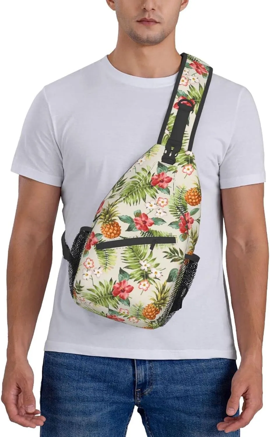 Tropical Pineapple Sling Bag Crossbody Backpack,Hawaiian Pineapples Seamless Pattern Tropical Palm Leaves And Flowers Chest Bag Adjustable Shoulder Backpack Travel Daypack