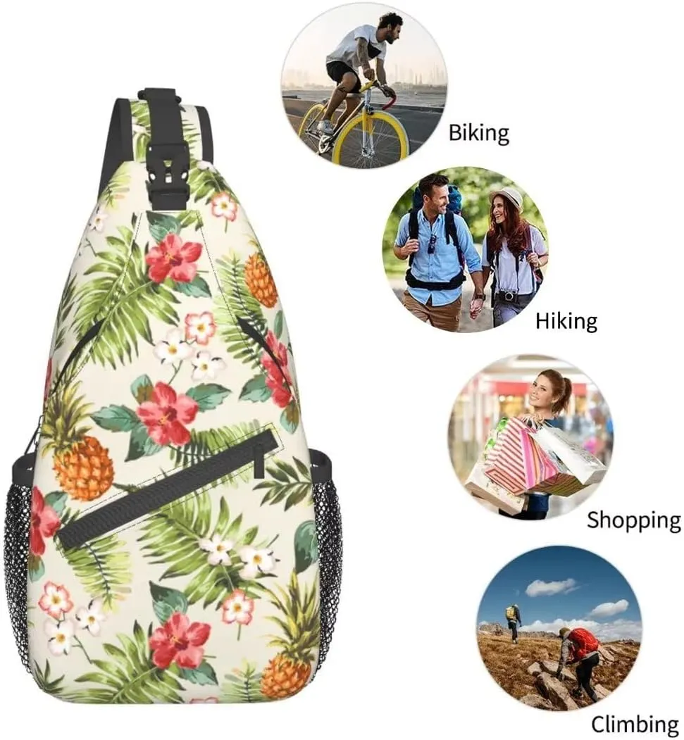 Tropical Pineapple Sling Bag Crossbody Backpack,Hawaiian Pineapples Seamless Pattern Tropical Palm Leaves And Flowers Chest Bag Adjustable Shoulder Backpack Travel Daypack