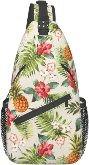 Tropical Pineapple Sling Bag Crossbody Backpack,Hawaiian Pineapples Seamless Pattern Tropical Palm Leaves And Flowers Chest Bag Adjustable Shoulder Backpack Travel Daypack