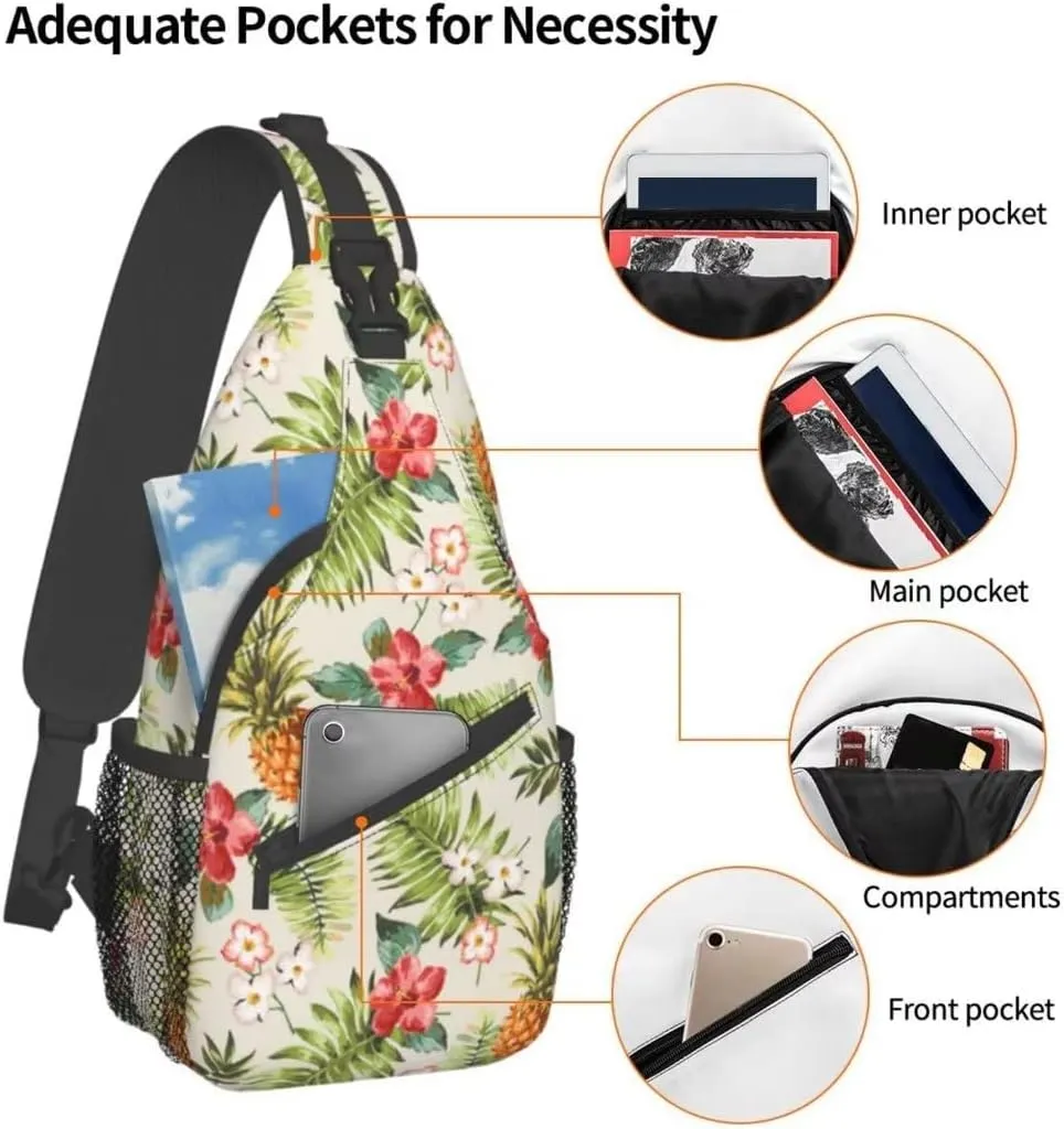 Tropical Pineapple Sling Bag Crossbody Backpack,Hawaiian Pineapples Seamless Pattern Tropical Palm Leaves And Flowers Chest Bag Adjustable Shoulder Backpack Travel Daypack