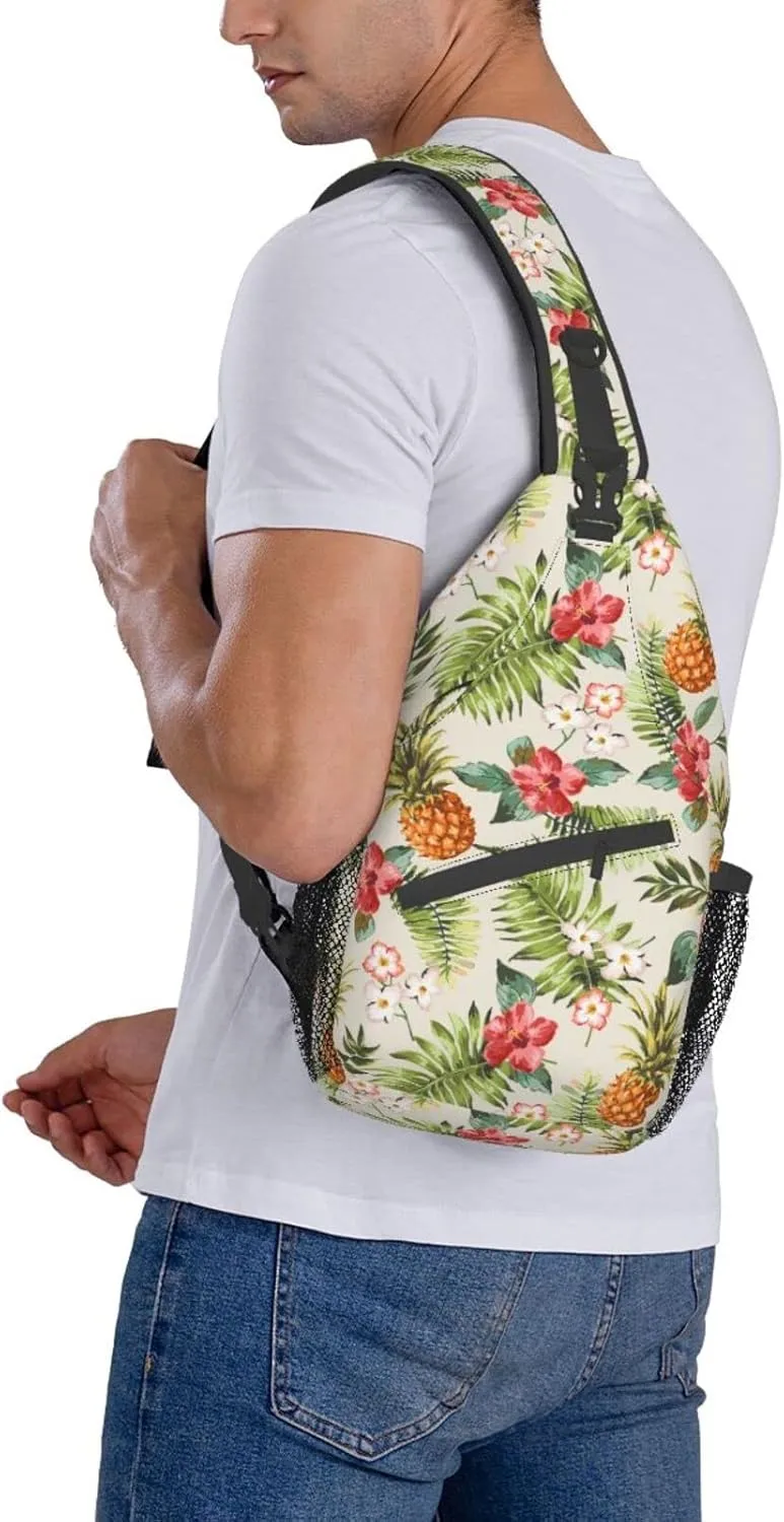Tropical Pineapple Sling Bag Crossbody Backpack,Hawaiian Pineapples Seamless Pattern Tropical Palm Leaves And Flowers Chest Bag Adjustable Shoulder Backpack Travel Daypack