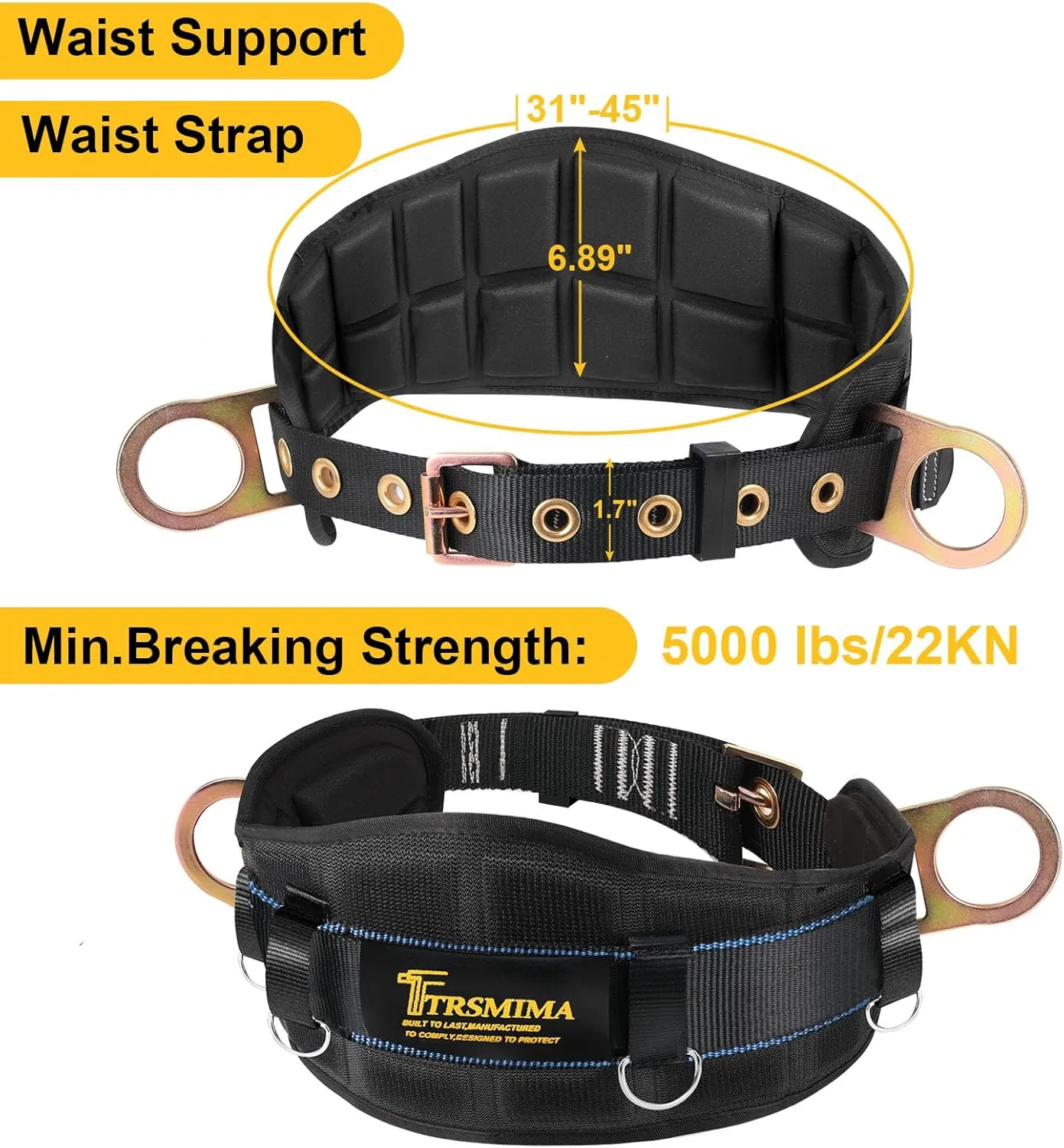 TRSMIMA Safety Harness Climbing Belt - Black Body Fall Protection Men Roof Tree Work Waist-Tongue Buckle Pad D-Ring