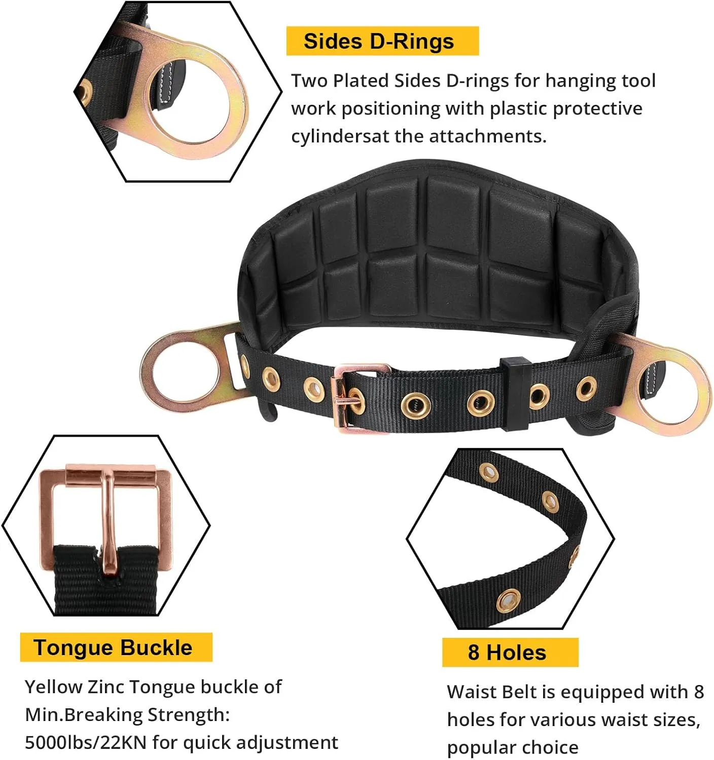 TRSMIMA Safety Harness Climbing Belt - Black Body Fall Protection Men Roof Tree Work Waist-Tongue Buckle Pad D-Ring