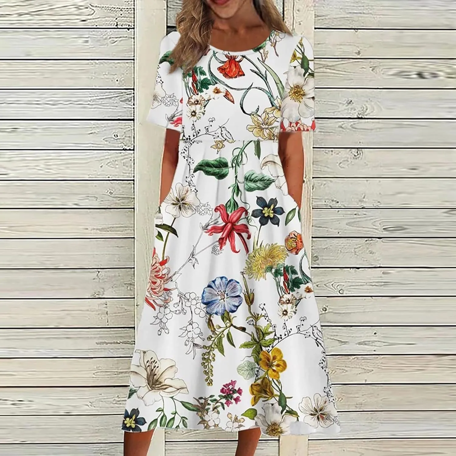 Tshirt Dress for Women 2025 Beach Cotton Linen Floral Printed Dresses with Pockets Casual Flowy Long Dress