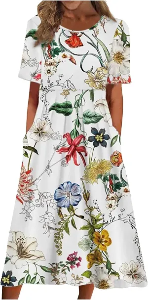 Tshirt Dress for Women 2025 Beach Cotton Linen Floral Printed Dresses with Pockets Casual Flowy Long Dress