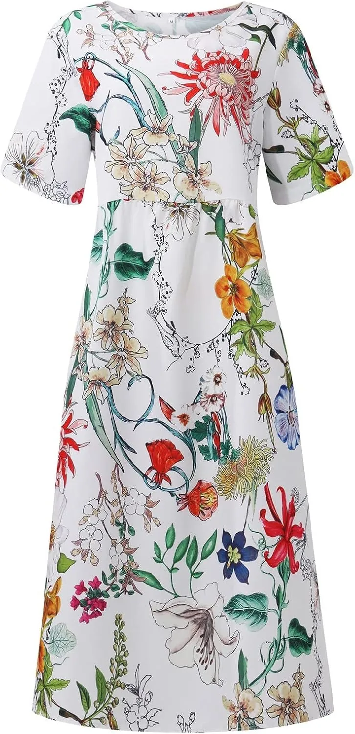 Tshirt Dress for Women 2025 Beach Cotton Linen Floral Printed Dresses with Pockets Casual Flowy Long Dress