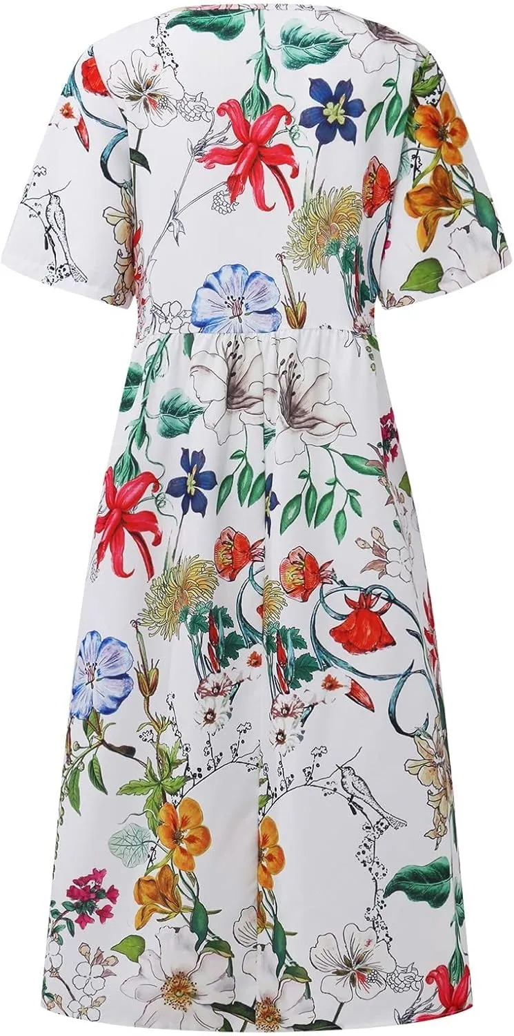 Tshirt Dress for Women 2025 Beach Cotton Linen Floral Printed Dresses with Pockets Casual Flowy Long Dress