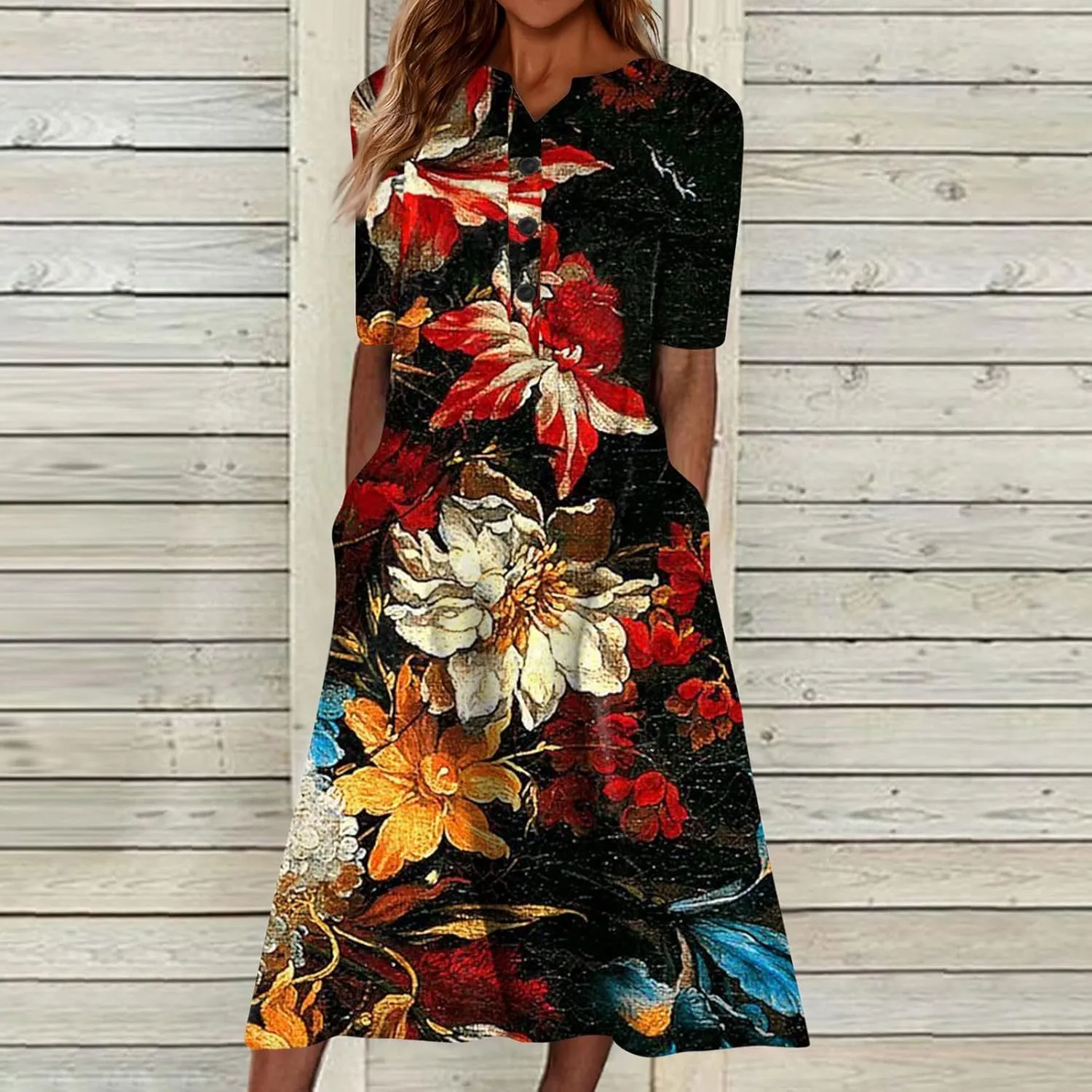 Tshirt Dress for Women Casual Plus Size Summer Midi Dress Boho Floral Print Loose Flowy Long Dresses with Pockets