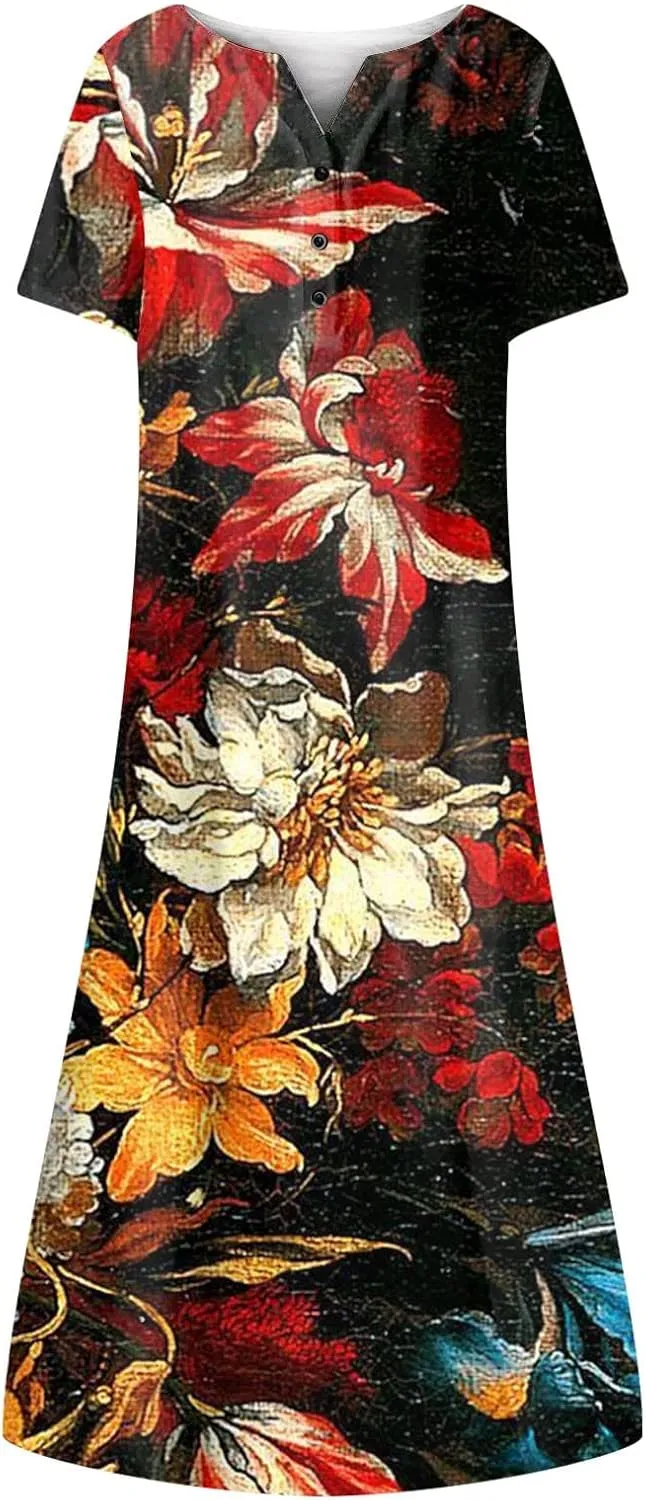 Tshirt Dress for Women Casual Plus Size Summer Midi Dress Boho Floral Print Loose Flowy Long Dresses with Pockets