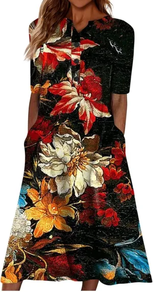 Tshirt Dress for Women Casual Plus Size Summer Midi Dress Boho Floral Print Loose Flowy Long Dresses with Pockets