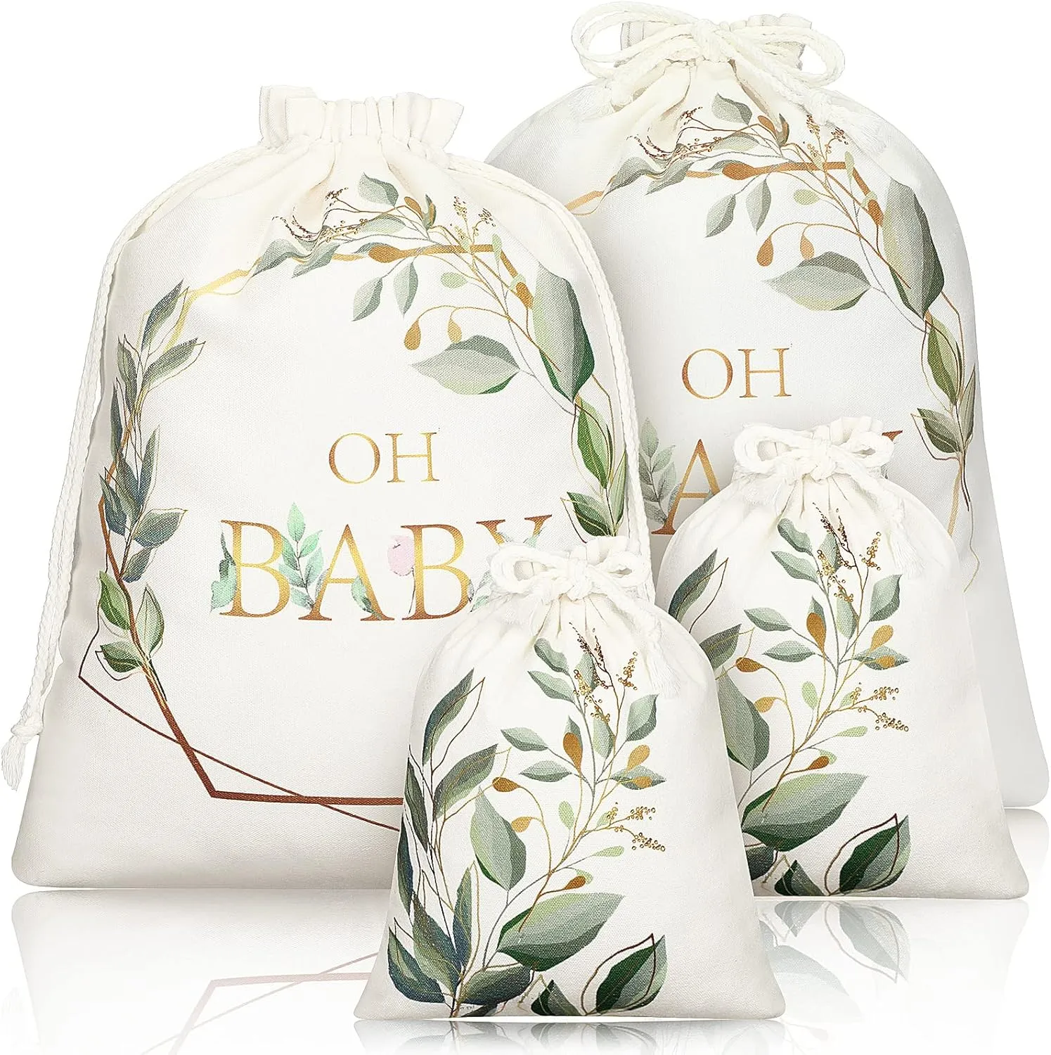 Tudomro 4 Pieces Baby Shower Large Gift Bags with Drawstring Canvas Gift Bags Greenery Print Birthday Bags Reusable Present Wrap Bags for Baby Shower Gender Reveal Party Favors, 2 Sizes