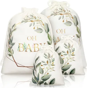 Tudomro 4 Pieces Baby Shower Large Gift Bags with Drawstring Canvas Gift Bags Greenery Print Birthday Bags Reusable Present Wrap Bags for Baby Shower Gender Reveal Party Favors, 2 Sizes