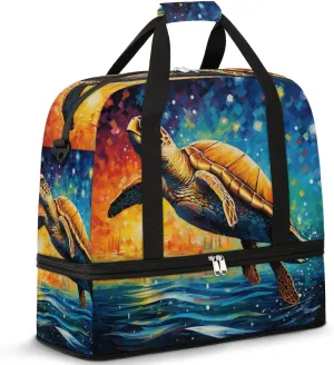 Turtle Motif Travel Duffel Bag for Women Men Weekender Overnight Bag with Shoe Compartment Foldable Sports Gym Luggage Bag