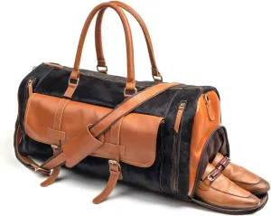 Tuzech Vintage Leather Hairon men's Travel Duffle luggage bag with Shoe Pouch, Professional Gym Bag Gym,Sports Soft Shell, Overnight Weekend, Brown Color (Hairon Black)