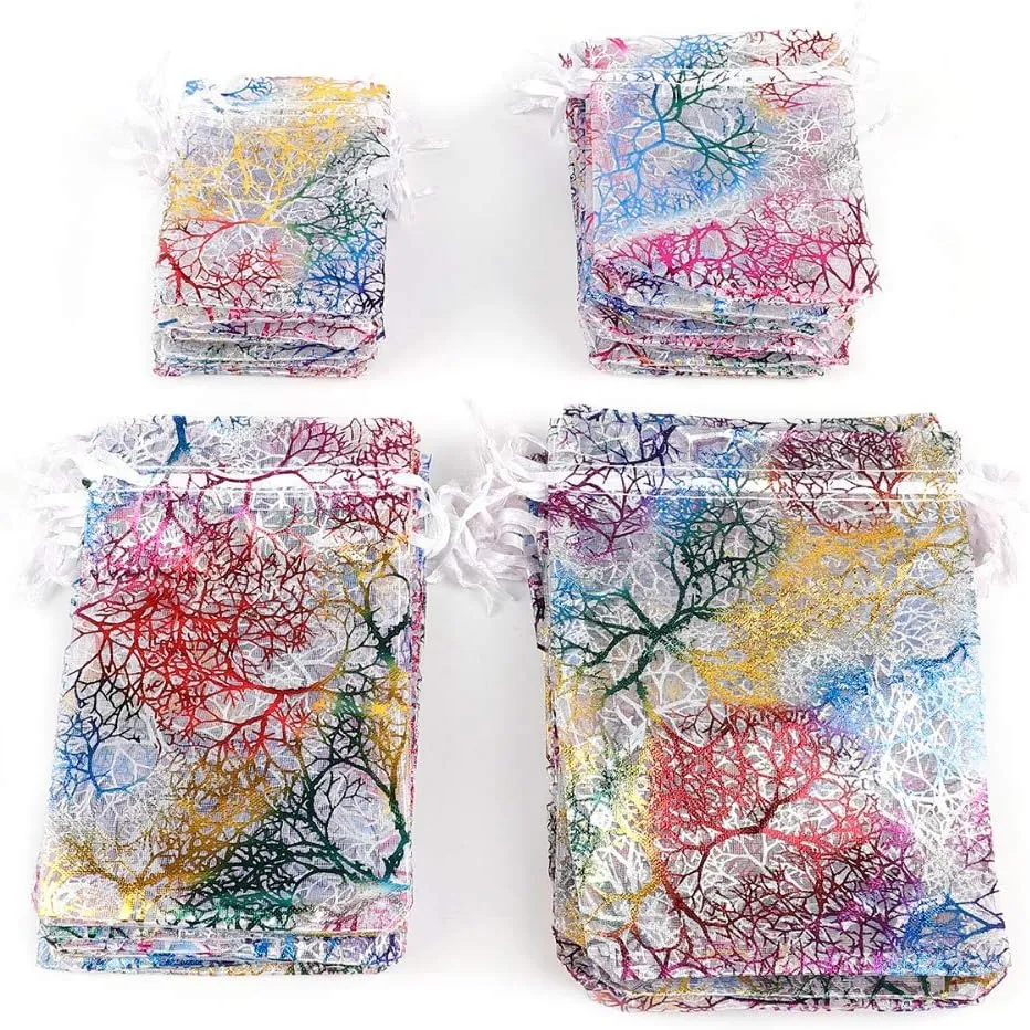 Tvoip 100Pcs Coral Pattern Organza Drawstring Pouches Jewelry Packaging Organza Bags Candy Wedding Christmas Party Gift Bags(Mix) (3.5x4.5'' (9x12cm))