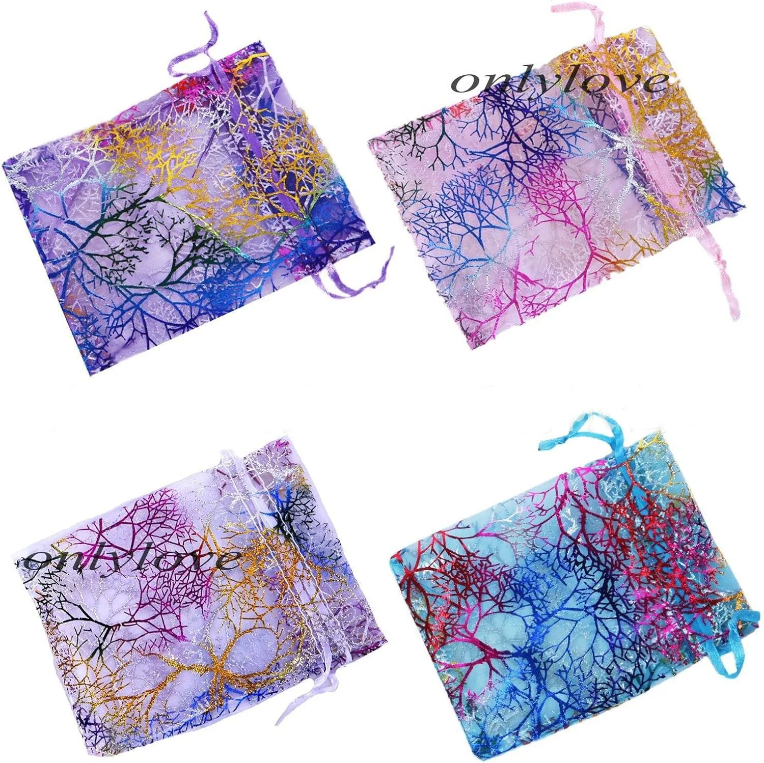 Tvoip 100Pcs Coral Pattern Organza Drawstring Pouches Jewelry Packaging Organza Bags Candy Wedding Christmas Party Gift Bags(Mix) (3.5x4.5'' (9x12cm))