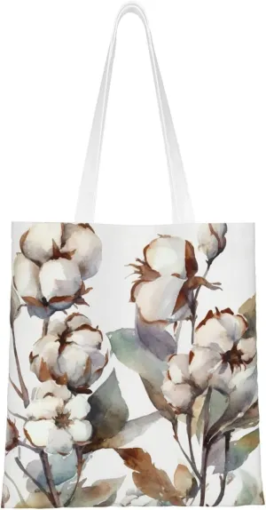 Twigs and Cotton Flowers Vintage Watercolor Canvas Tote Bag for Women Grocery Bag Reusable Aesthetic Shopping Bags Beach Handbag