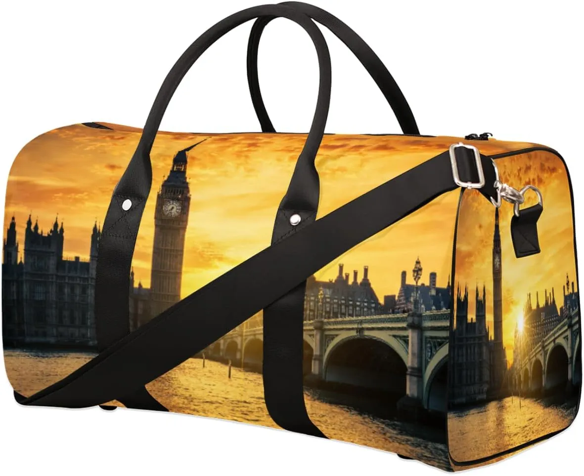 Uk Westminster Palace Travel Duffle Bag for Men Women Sunset Bridge Overnight Weekender Bag Foldable Travel Duffel Bag Large Sports Gym Bag Waterproof Luggage Tote Bag Tear Resistant