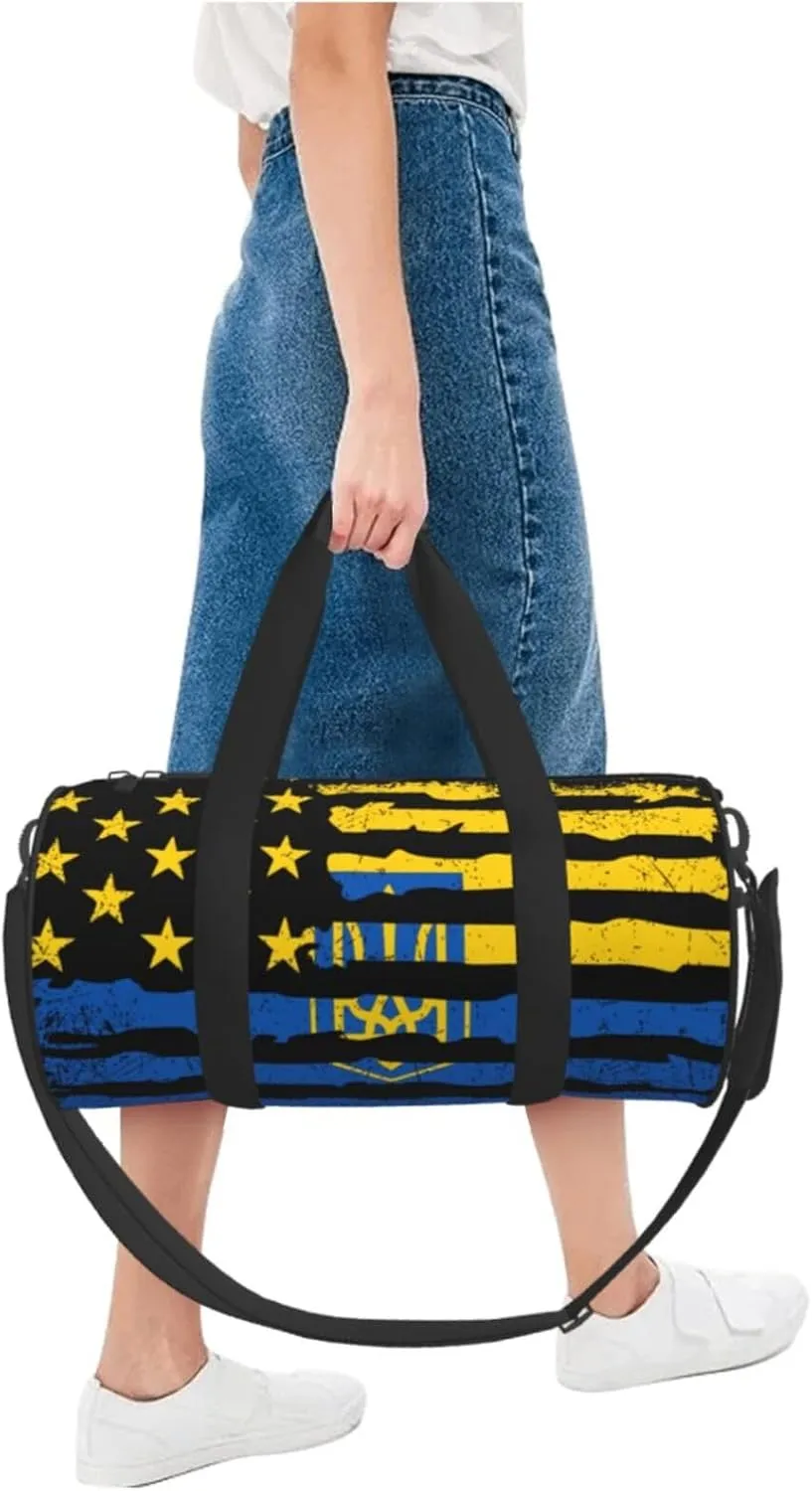 Ukrainian American Flag Ukraine Roots Round Travel Duffel Bag Large Capacity Gym Sports Bags for Hiking Vacation Trips