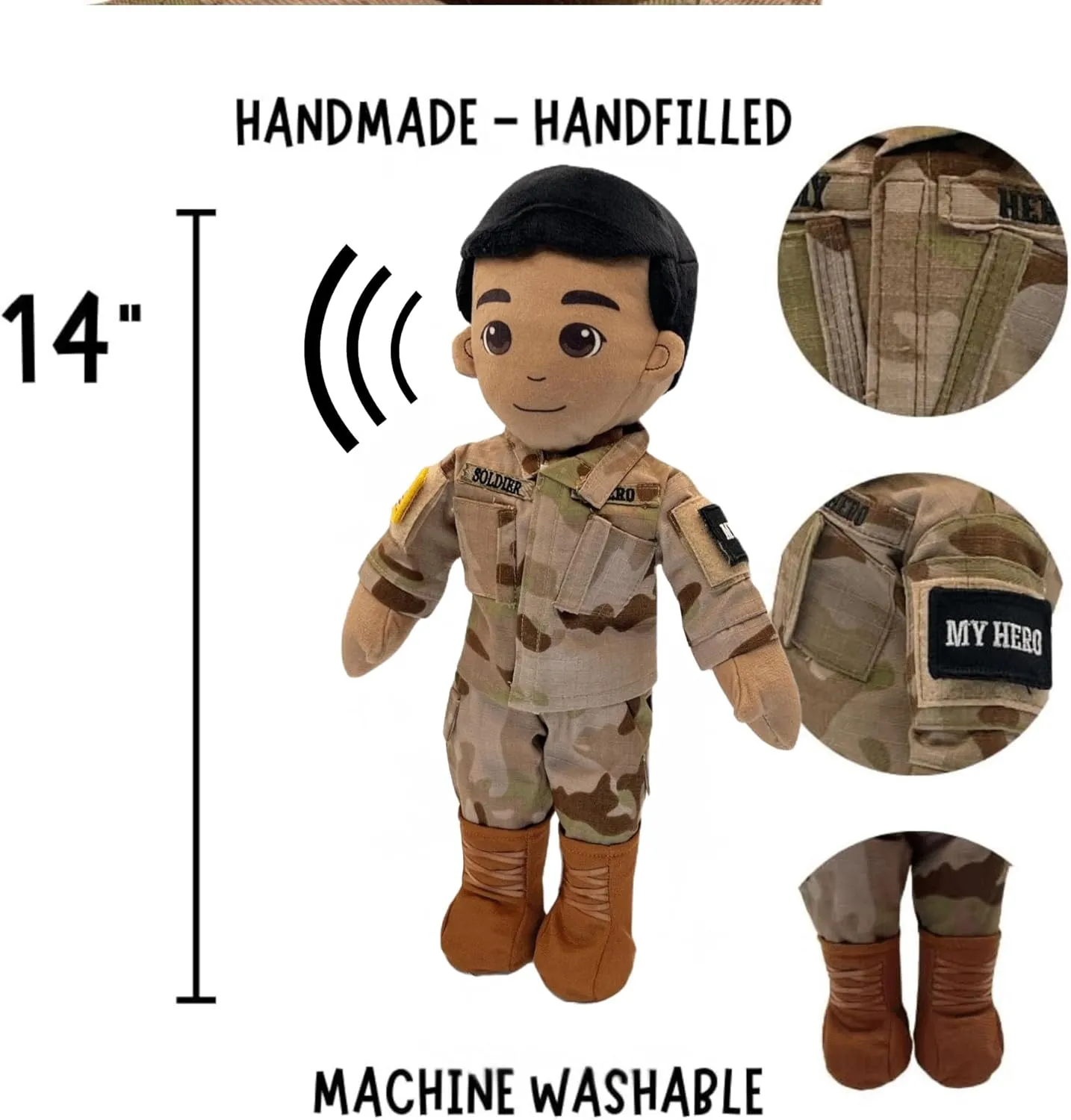UMBO My Hero 14" Army Recordable Plush Military Doll Over 1  Hour Audio Storage Personalized Gift for Deployment, Separation, or Storytime Ultimate Daddy Doll! (Tan Skin Brown Hair Male)