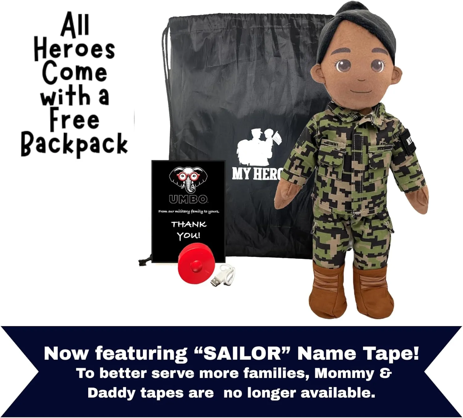 UMBO My Hero 14" Navy Sailor Recordable Plush Military Doll Over 1 Hour Audio Storage Personalized Gift for Deployment, Separation, or Storytime Ultimate Daddy Doll