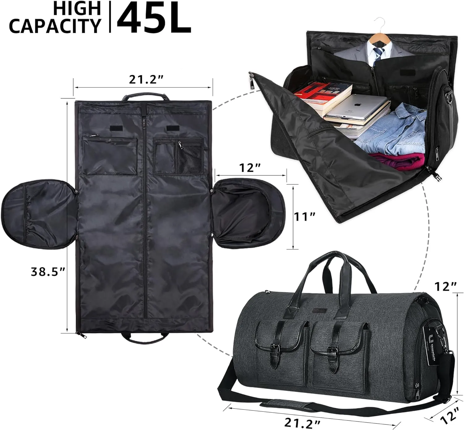 UNIQUEBELLA Carry on Garment Bag for Travel Convertible Garment Duffel Suit Bag with Shoe Compartment Weekend Flight Bag for Men Women