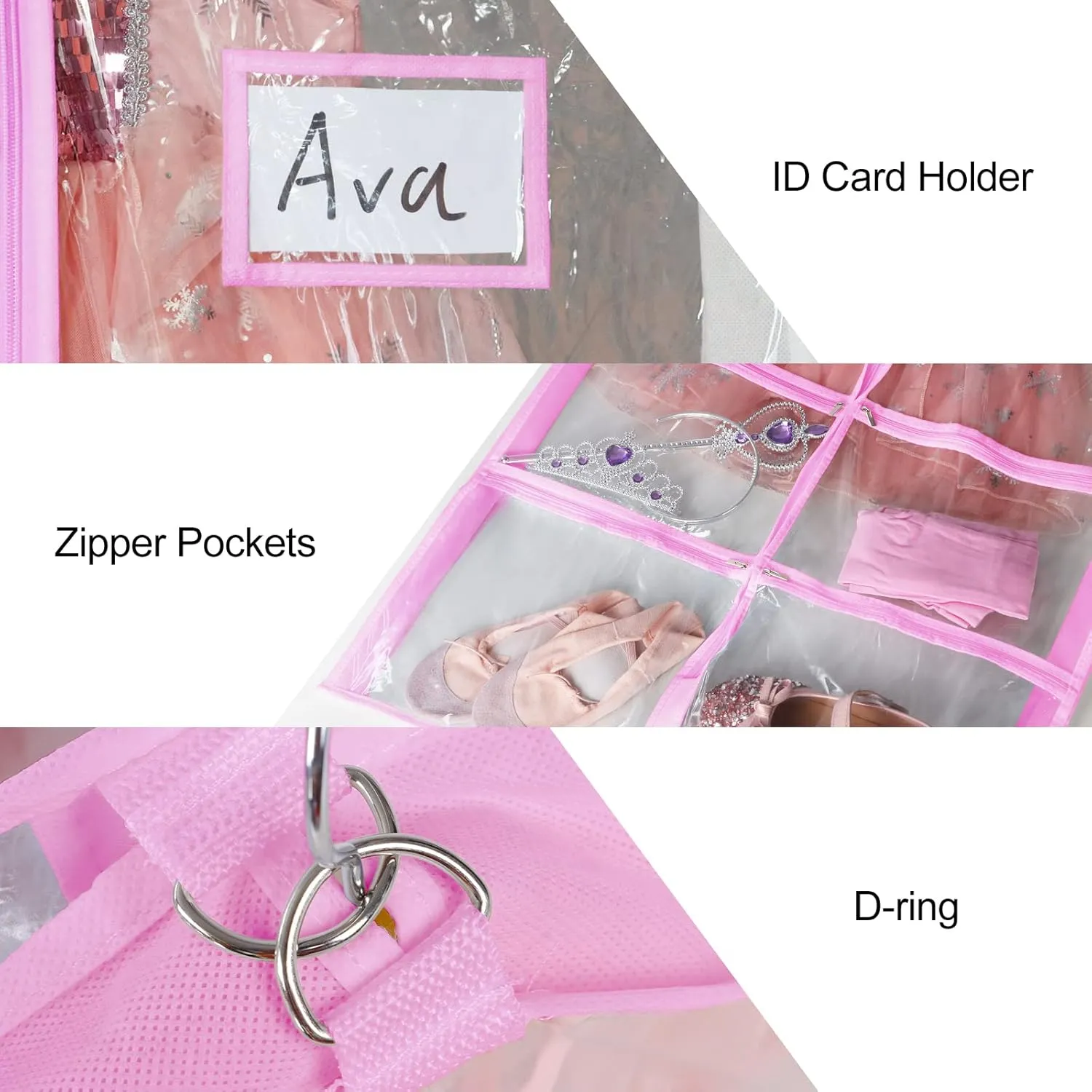 Univivi Clear Pink PVC Dance Costume Bags (3 Pack) Garment Bag 40 Inch for Dance Competitions, with 4 Medium Clear Zipper Pockets and 1 Large Back Zippered Pocket [Upgraded Version]