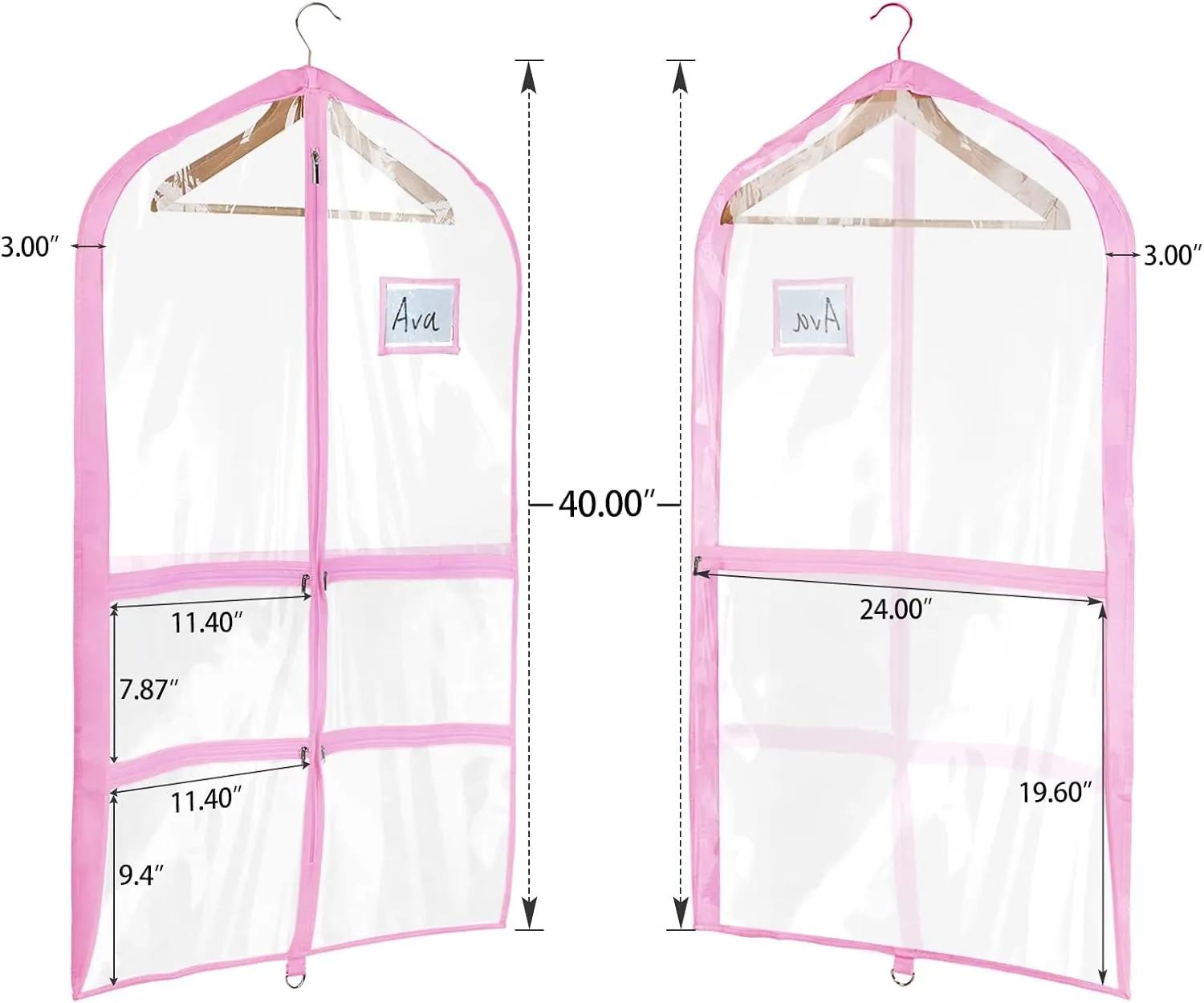 Univivi Clear Pink PVC Dance Costume Bags (3 Pack) Garment Bag 40 Inch for Dance Competitions, with 4 Medium Clear Zipper Pockets and 1 Large Back Zippered Pocket [Upgraded Version]