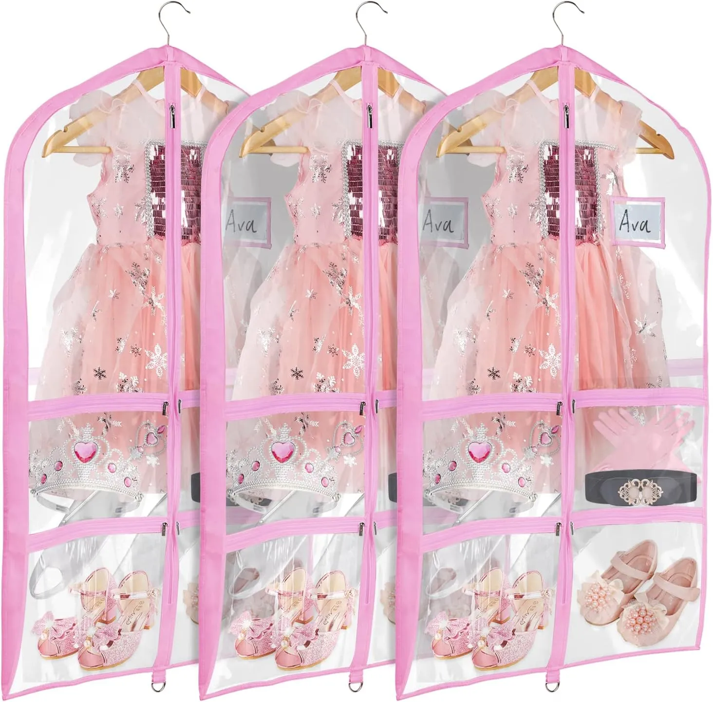 Univivi Clear Pink PVC Dance Costume Bags (3 Pack) Garment Bag 40 Inch for Dance Competitions, with 4 Medium Clear Zipper Pockets and 1 Large Back Zippered Pocket [Upgraded Version]