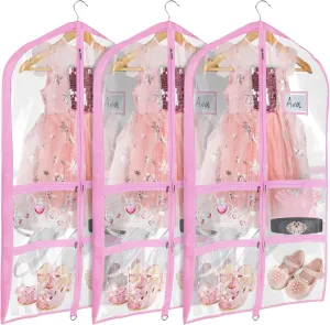 Univivi Clear Pink PVC Dance Costume Bags (3 Pack) Garment Bag 40 Inch for Dance Competitions, with 4 Medium Clear Zipper Pockets and 1 Large Back Zippered Pocket [Upgraded Version]
