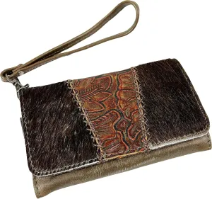 Urbalabs Cowhair Genuine Leather Women Western Wallets Clutch Bag Leather Fringe Purse Cell Phone Holder Pouch Tooled Wallet For Women Cowgirl Small Clutch Hand Stitched (Dark Brown Tooled)