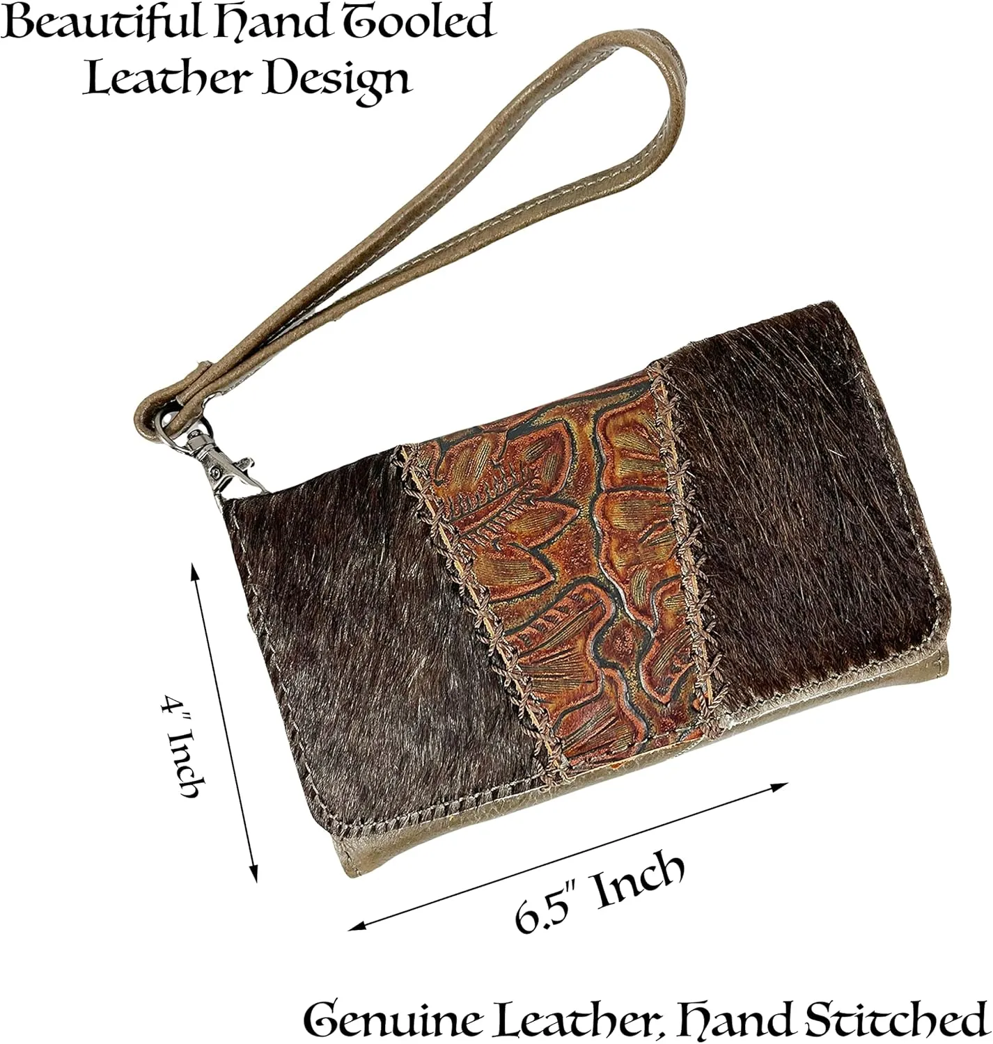 Urbalabs Cowhair Genuine Leather Women Western Wallets Clutch Bag Leather Fringe Purse Cell Phone Holder Pouch Tooled Wallet For Women Cowgirl Small Clutch Hand Stitched (Dark Brown Tooled)